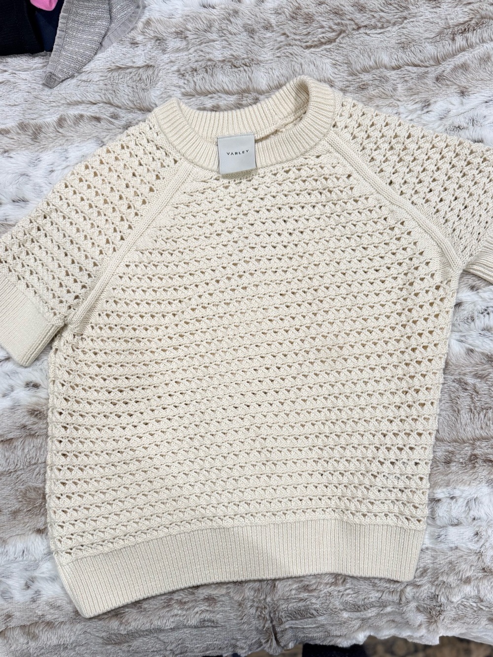 Varley Cream Open-Knit Short Sleeve Crew Sweater